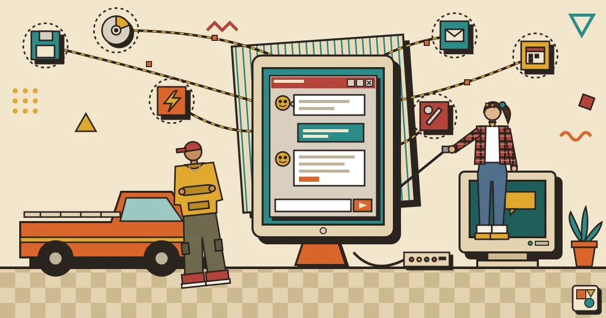A tradesman's pickup truck parked beside a glowing network of connected app nodes that converge into a single friendly chat window on a tablet, in a clean flat