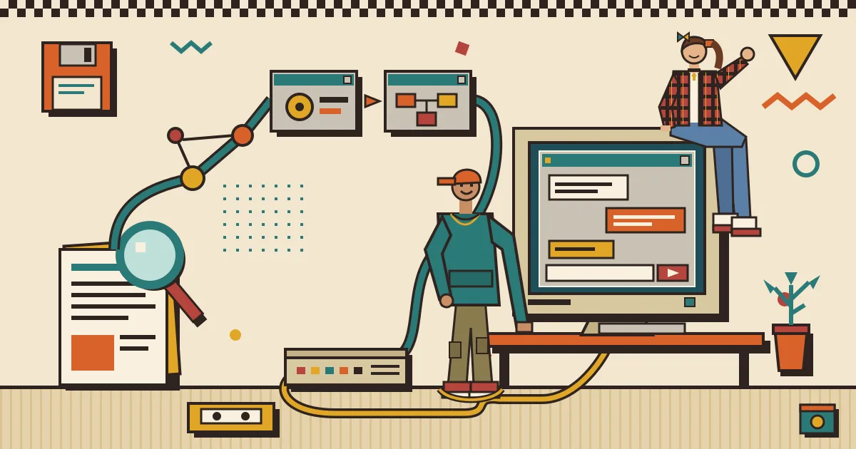 A clean flat illustration of a data pipeline flowing from stacked documents and search nodes into an automation workflow and ending in a polished chat window