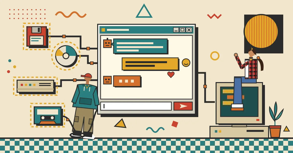 A flat-style illustration of several glowing automation workflow nodes connected by lines, converging into a clean, friendly chat window where a person is