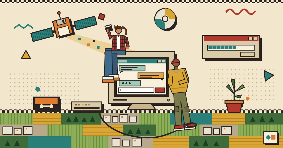 A flat-style illustration of a satellite above a patchwork of fields, forests and city blocks, with a beam of data flowing down into a laptop showing a friendly