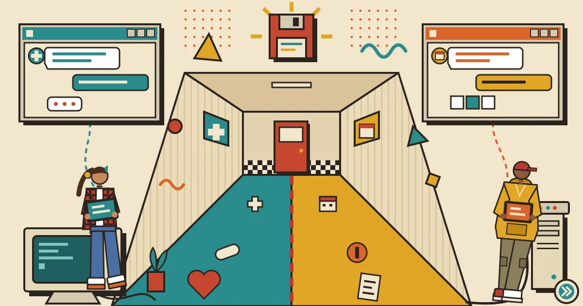 A clean illustration of a hospital corridor split into two color-coded lanes, one with medical symbols and one with calendar and billing icons, each leading to
