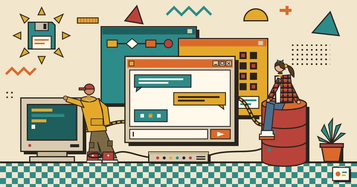 A flat illustration of a friendly chat window floating in front of layered blocks representing workflows, memory and a database, connected by glowing lines, in