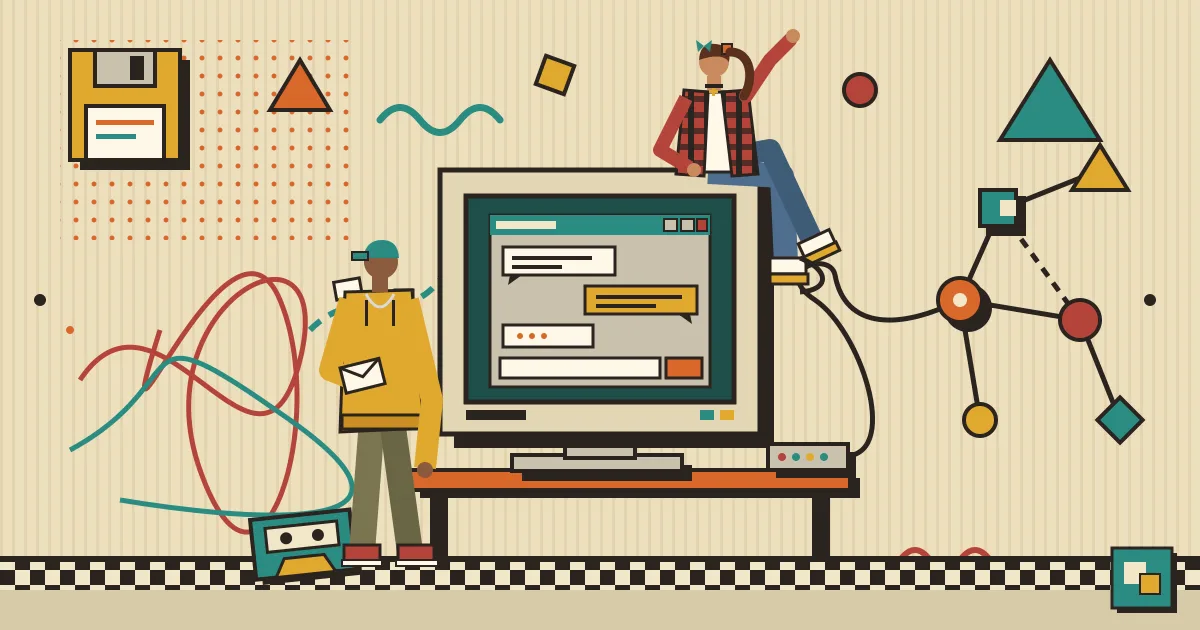 A flat illustration of a tangled pile of email envelopes and calendar pages transforming into a clean, friendly chat window connected by flowing lines to