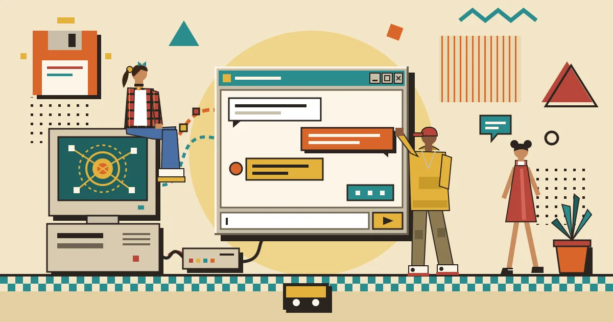 A flat-style illustration of a glowing AI agent node connected by flowing automation lines to a clean, friendly chat window, with several diverse users
