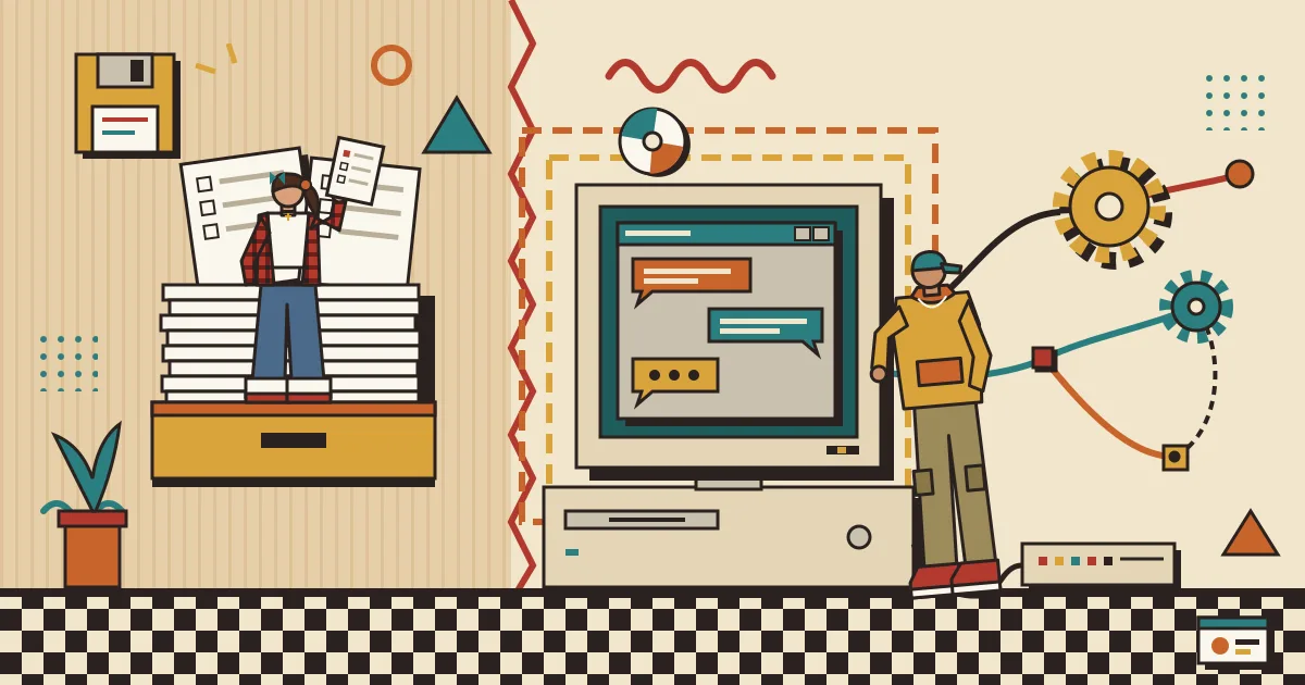 A split illustration showing on one side a stack of plain, identical paper forms in an inbox tray, and on the other side a friendly glowing chat window with