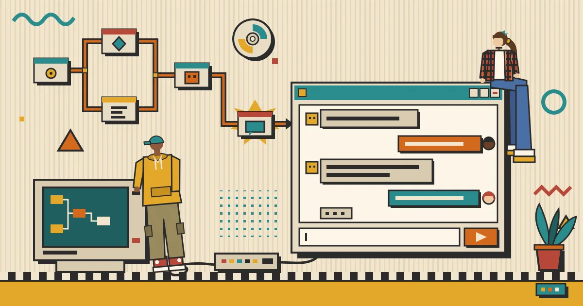 A flat-style illustration of a glowing automation workflow made of connected nodes on the left flowing into a clean, friendly chat window on the right, with