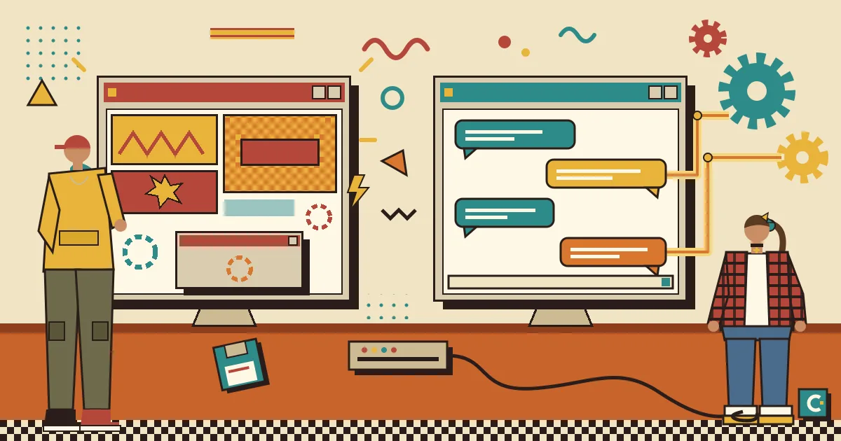 Two side-by-side chat windows on a desk, one cluttered with flashing ad blocks and loading spinners, the other clean and calm with friendly conversation bubbles