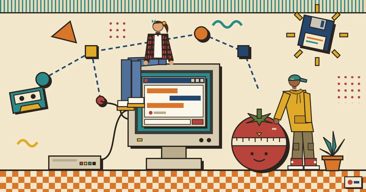 A flat illustration of a friendly tomato-shaped kitchen timer beside a laptop showing a clean chat window, with soft workflow nodes connecting them in the