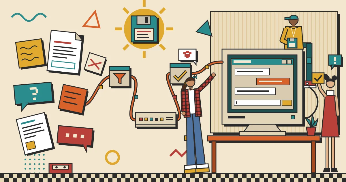 A flat-style illustration of scattered sticky notes, documents and chat bubbles on the left flowing through a neat automation workflow of connected nodes into a