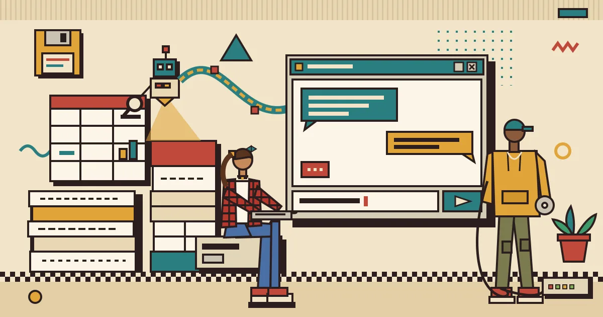 An illustration of an AI agent navigating stacks of dense financial documents and tables in the background, connected by a glowing line to a clean, friendly