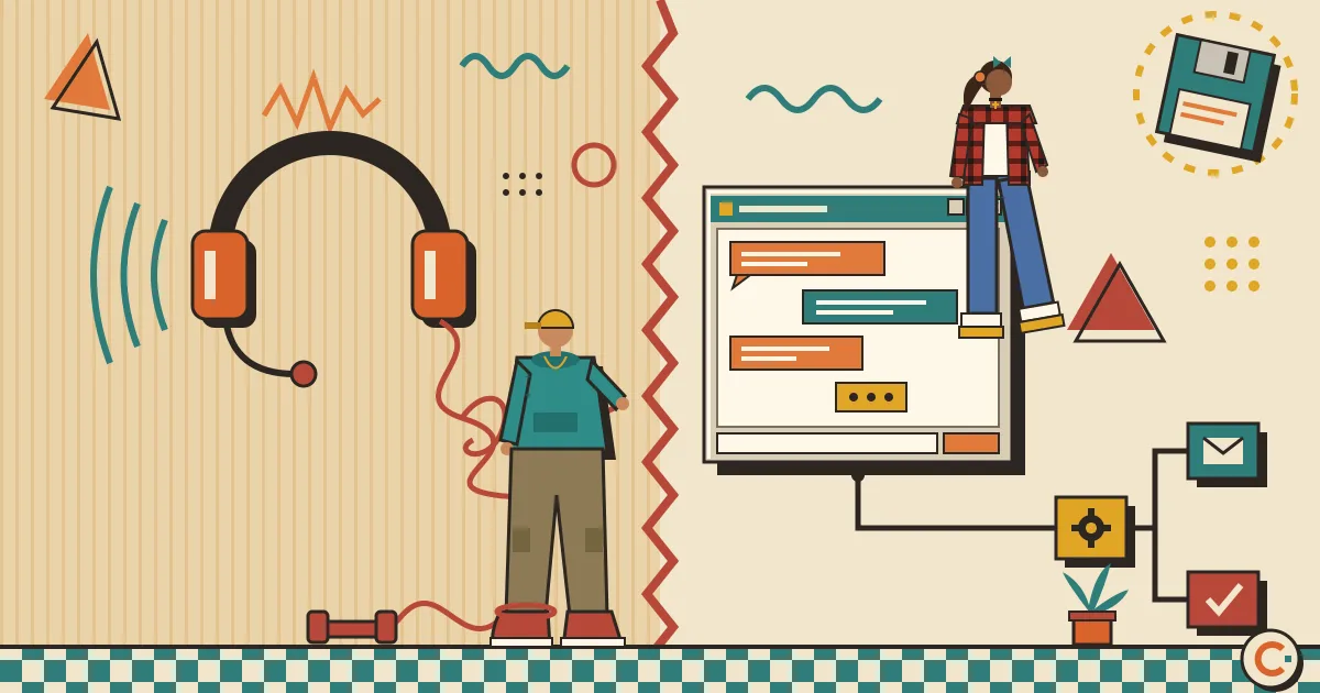 A split illustration showing on one side a tangled chain of phone lines, sound waves and coins flowing out of a headset, and on the other side a clean, friendly