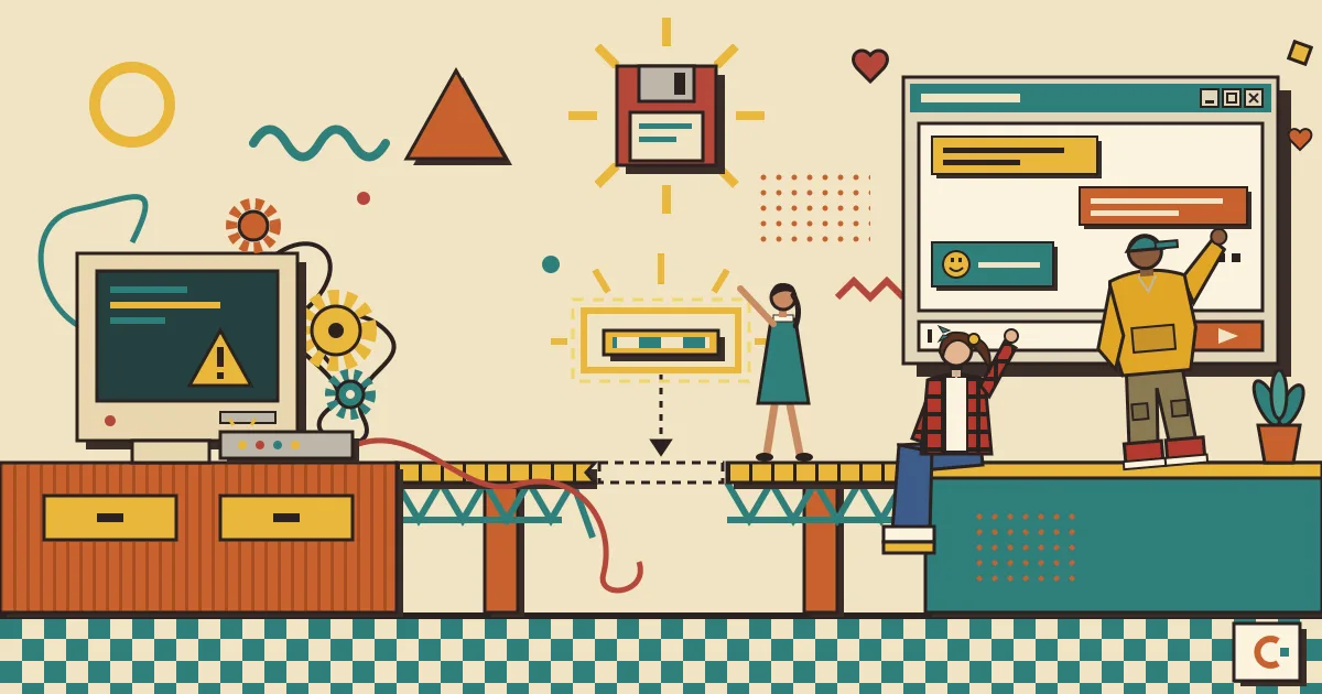 A flat-style illustration of a half-built bridge connecting a cluttered workshop of tangled automation nodes and gears on one side to a clean, friendly chat