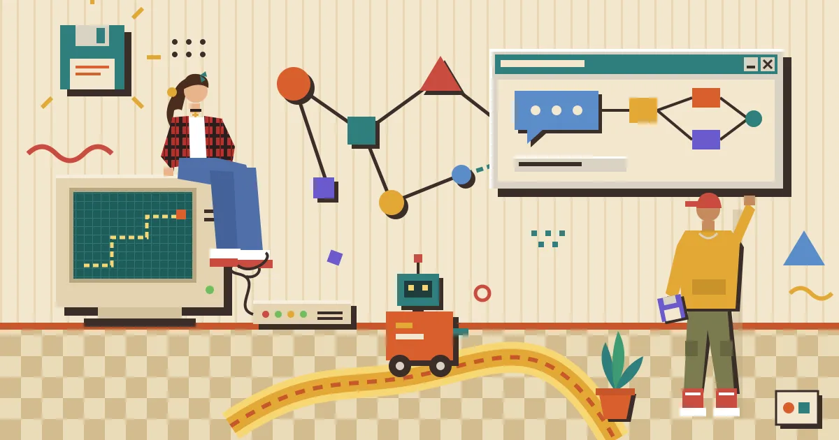 A small wheeled robot following a glowing path through an office corridor, while beside it a simple chat bubble connects to a network of automation workflow