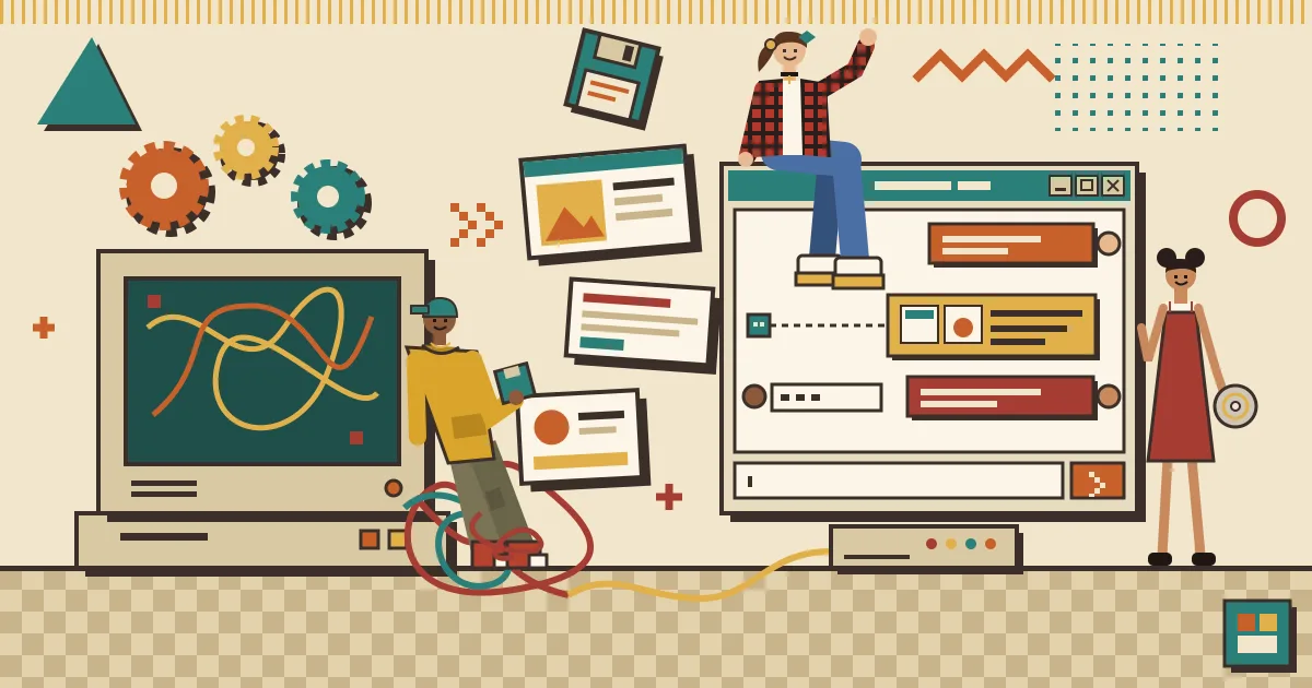 A flat-style illustration of a laptop with a tangle of cables and gears on one side transforming into a clean, friendly chat window shared by several smiling