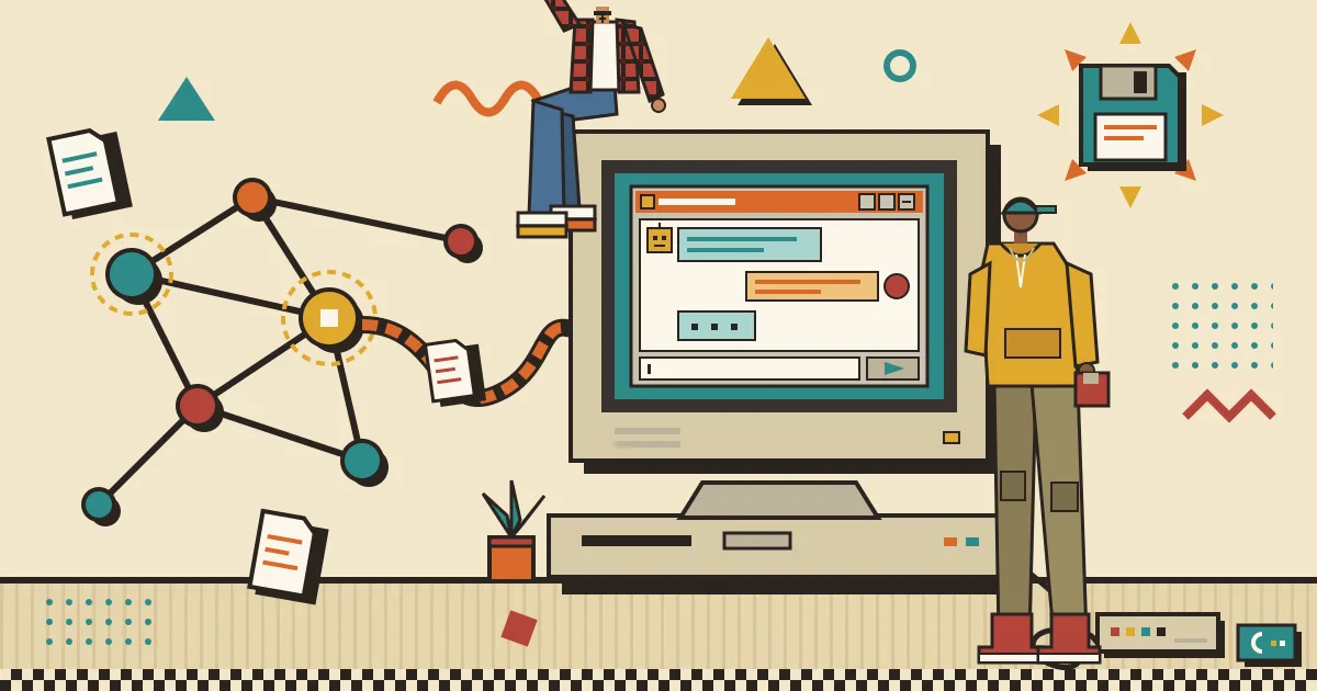 A flat-style illustration showing a glowing network of connected nodes and document fragments on the left flowing into a clean, friendly chat window on the