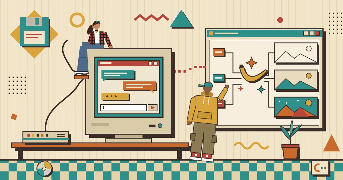 An illustration of a friendly chat window floating beside a creative canvas, where a stylized banana-shaped spark connects workflow nodes to a series of