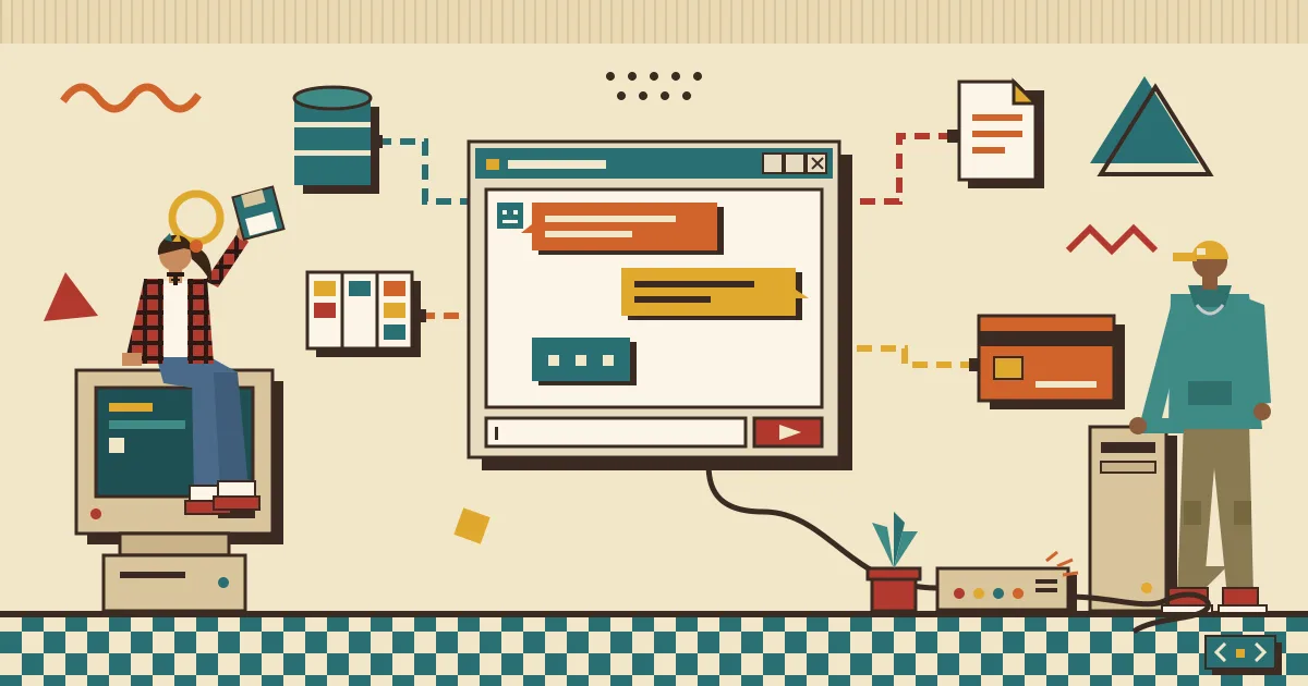 A flat illustration of a friendly chat window at the center, connected by glowing lines to small abstract icons representing databases, documents, payment cards