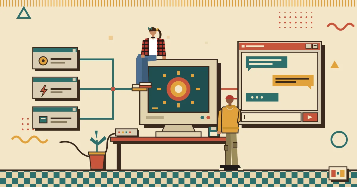 A flat-style illustration of a glowing AI agent core connected by clean lines to automation workflow nodes on one side and a polished chat window on the other