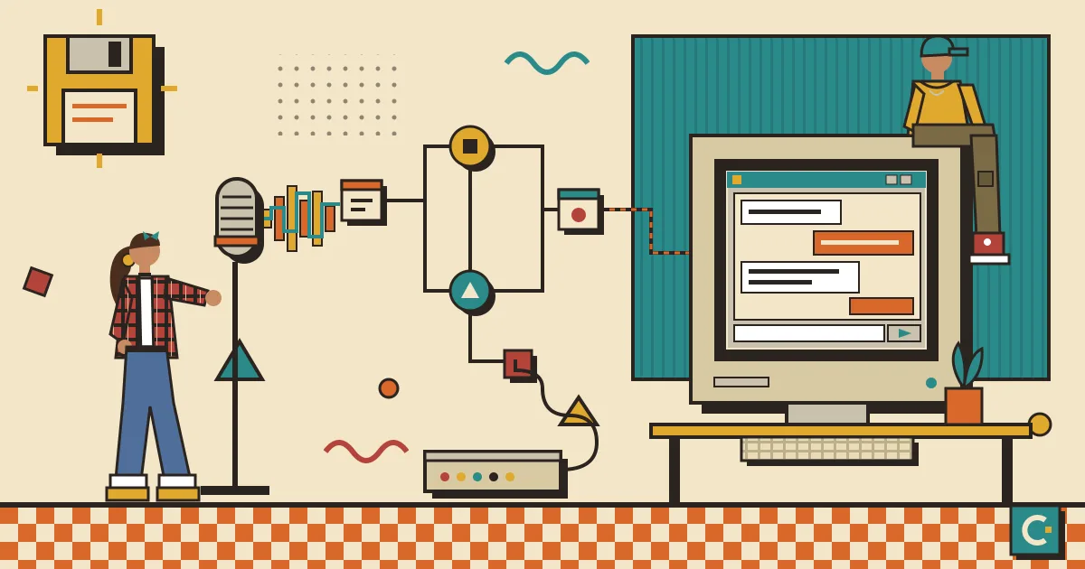 A flat-style illustration of a glowing sound wave flowing from a microphone into a network of connected workflow nodes, which then feed into a sleek chat window