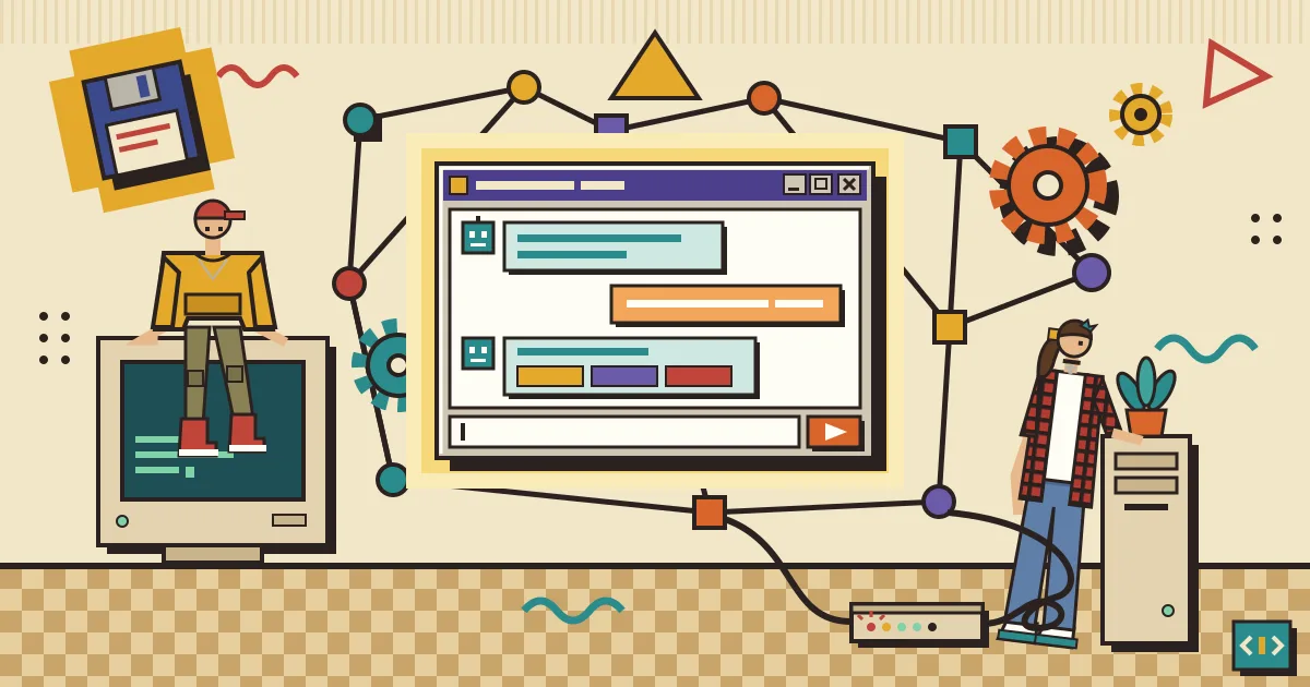 A friendly glowing chat window floating in front of a web of connected workflow nodes and gears, with soft blue and purple tones symbolizing an AI agent gaining