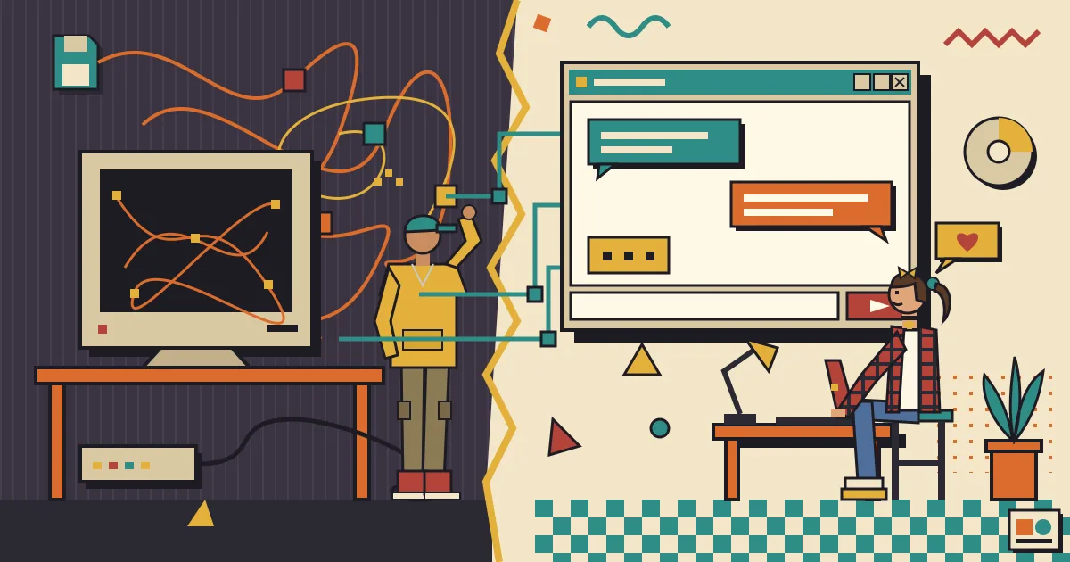 A split illustration showing on one side a dark, empty workspace with tangled automation nodes and on the other side the same nodes connected to a bright