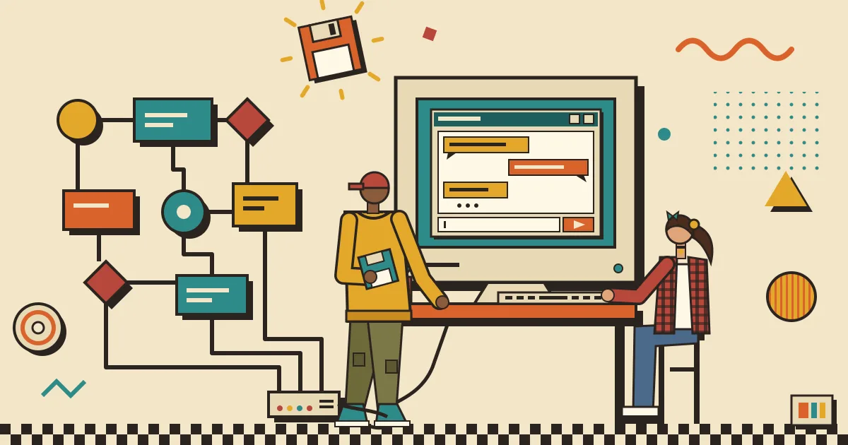 A flat illustration of a complex automation flowchart of connected nodes on one side flowing into a clean, friendly chat window on the other side, with a person