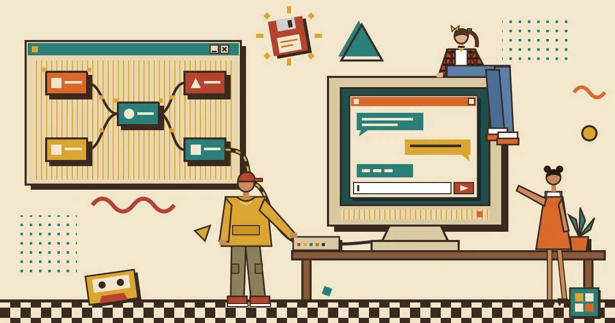 A flat illustration of a glowing automation workflow made of connected nodes on the left flowing into a clean, friendly chat window on the right, with people of