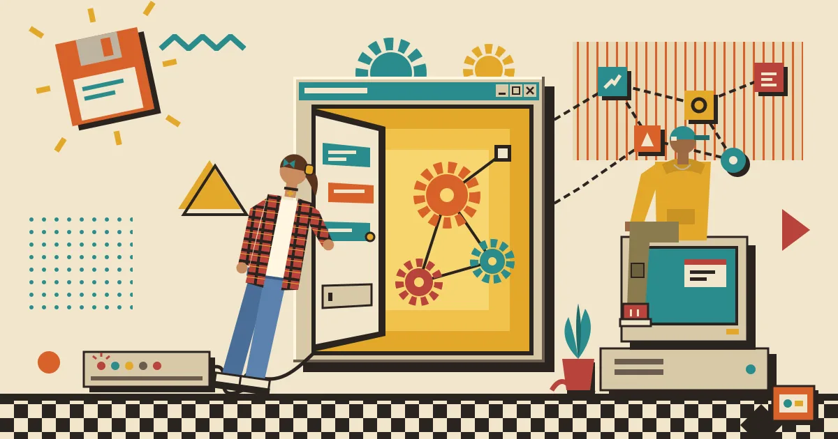 An illustration of a sleek chat window acting as a glowing front door, opening onto a network of connected automation nodes and tool icons arranged like gears