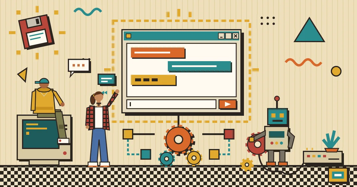 A flat-style illustration of a glowing chat window sitting on top of interconnected automation gears and workflow nodes, with small user silhouettes on one side