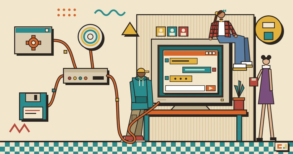 A flat illustration of an automation workflow of connected nodes on the left flowing into a clean, friendly chat window on the right, with small user avatars