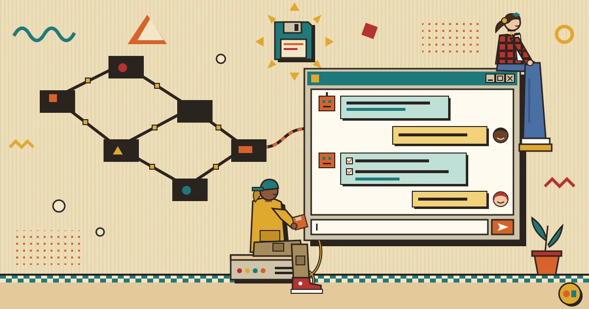 A flat-style illustration of a large network of connected workflow nodes and gears on the left flowing into a clean, friendly chat window on the right, where