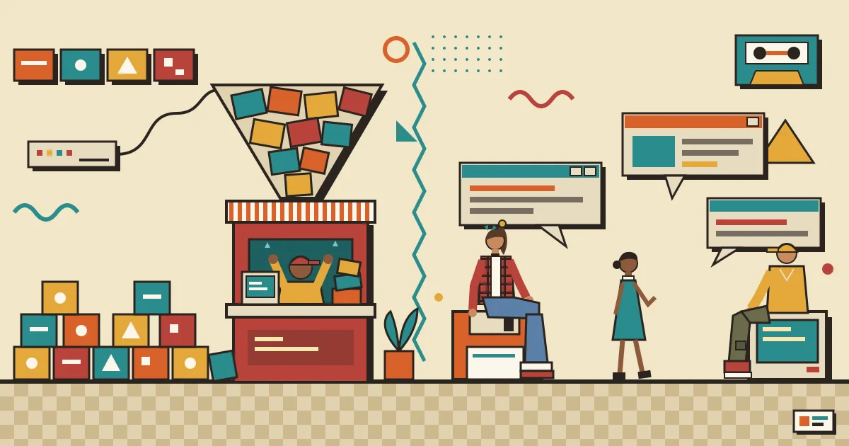 A flat illustration of a long queue of colorful workflow blocks funneling into a single cramped help desk on one side, contrasted on the other side with several