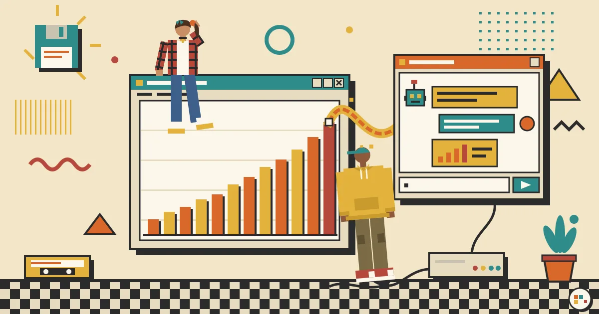 A flat-style illustration of a spreadsheet bar chart rising over twelve columns, connected by a glowing line to a friendly chat window where a user converses