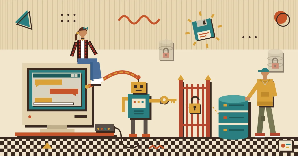 A friendly chat window on a laptop screen connected by a glowing line to a small robot agent, which holds a single small key leading through a padlocked gate to