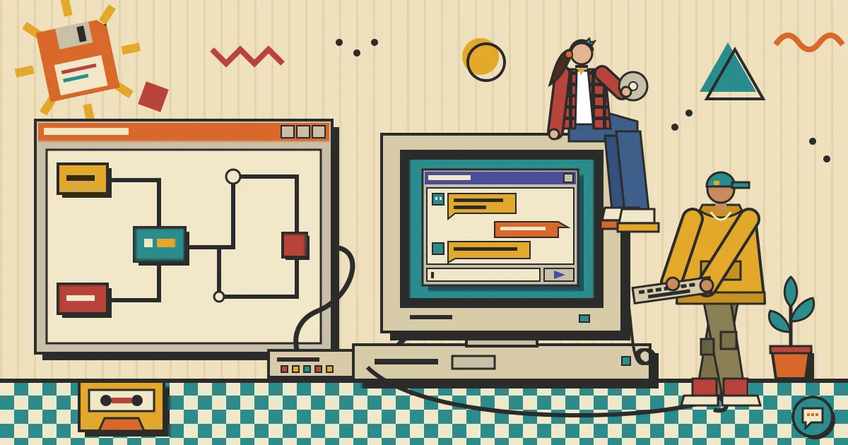 A flat-style illustration of a large automation workflow of connected nodes and gears on one side, flowing into a clean, friendly chat window on the other where