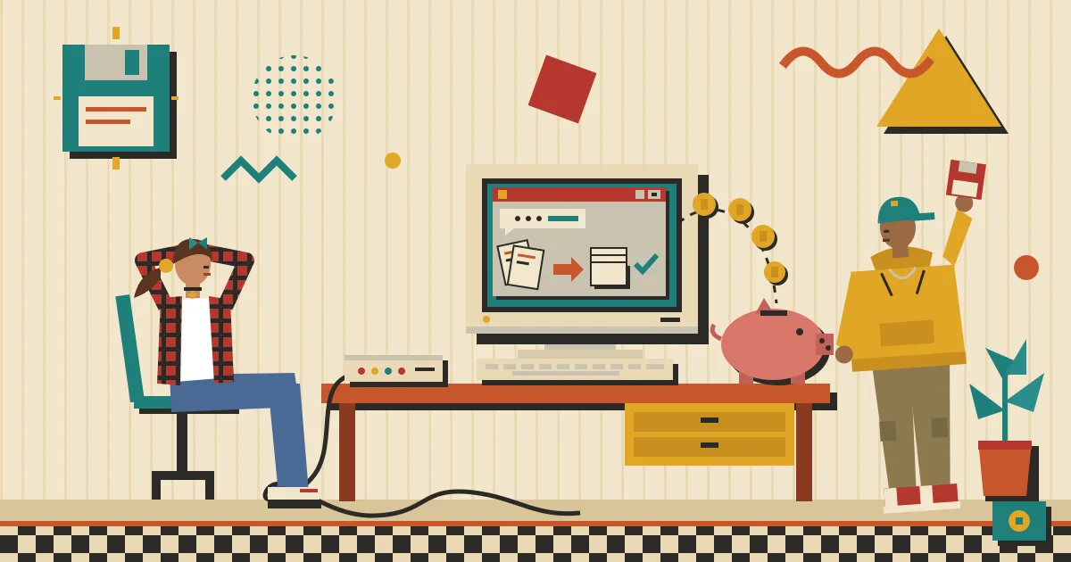 A small business owner relaxing at a tidy desk while a friendly chat window on a laptop shows a stack of invoices being sorted, with a gentle flow of coins