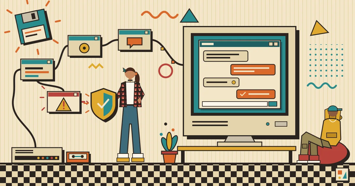 A flat illustration of an automation workflow of connected nodes where one node with a red warning symbol is caught by a shield, while on the right a clean chat