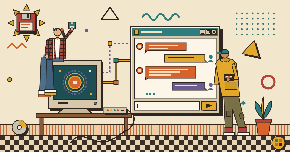 A flat-style illustration of a glowing AI agent node connected by workflow lines to a clean chat window, where friendly user silhouettes exchange speech bubbles