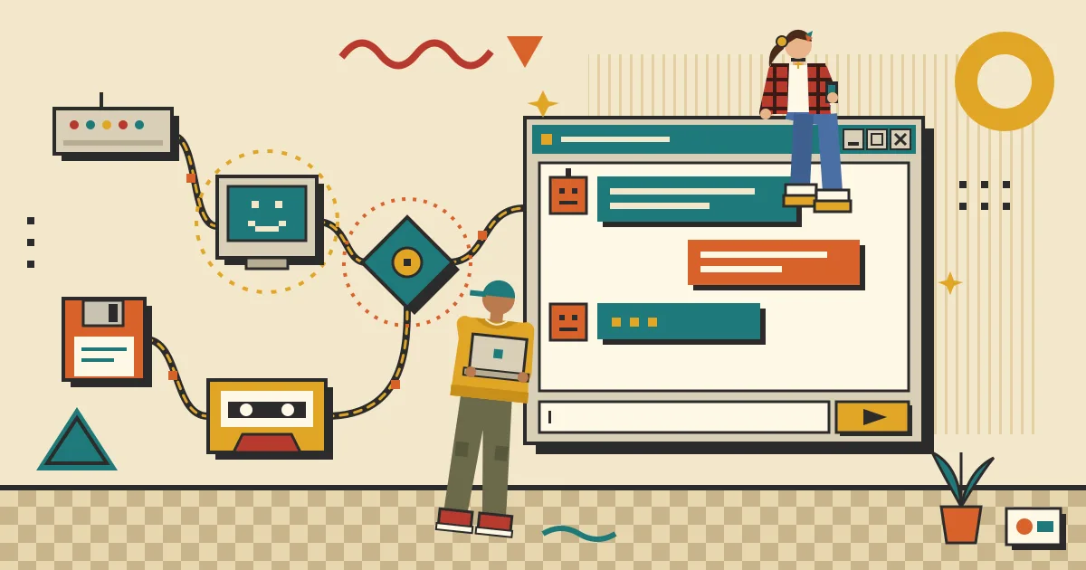 A flat-style illustration of a glowing automation workflow made of connected nodes on the left flowing into a clean, friendly chat window on the right, with