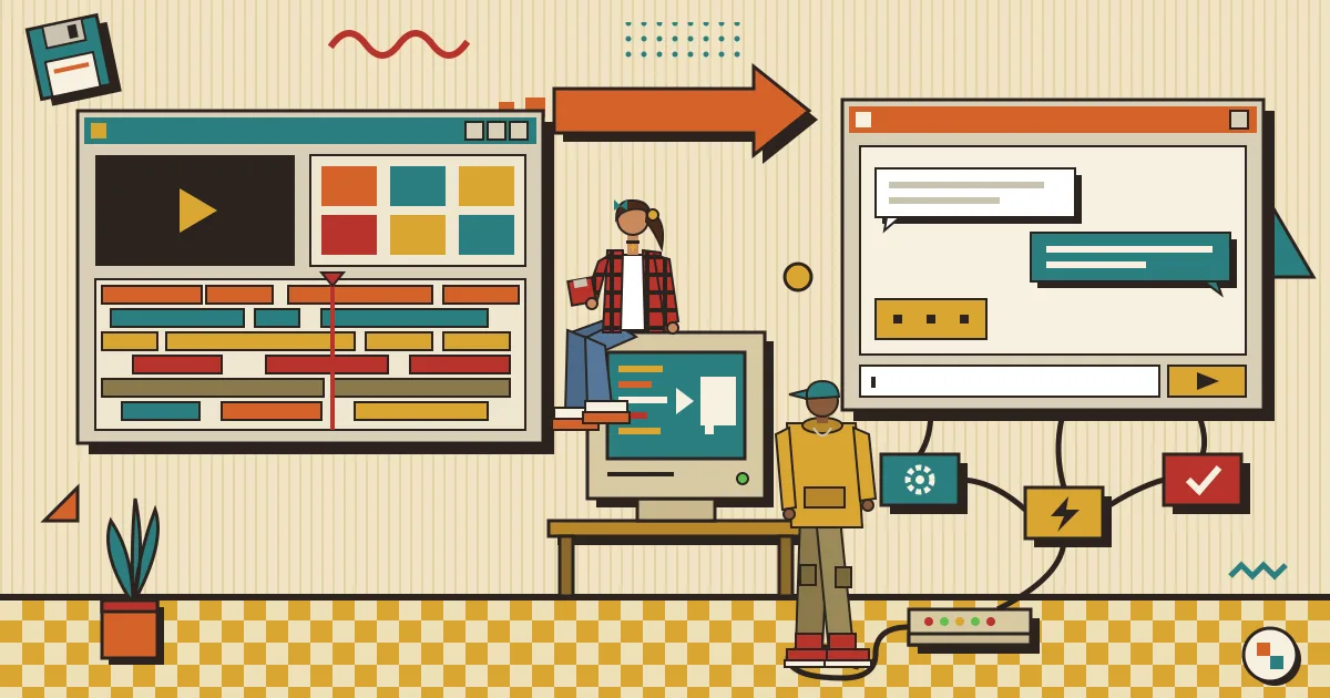A split illustration showing a complex video editing timeline with many tracks on one side transforming into a clean, friendly chat window connected to
