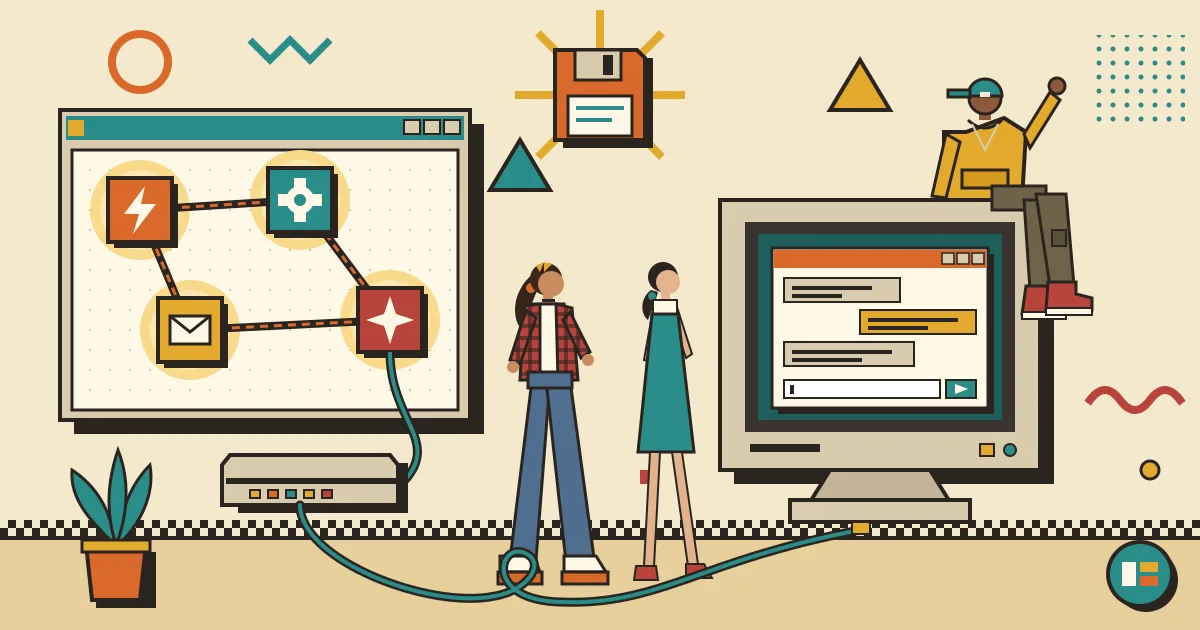 A stylized illustration of a glowing automation workflow made of connected nodes on one side, linked by a single cable to a clean, friendly chat window on the