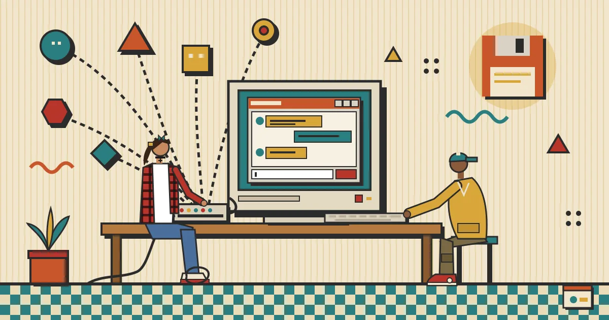 A stylized illustration of many glowing AI model nodes of different shapes and colors flowing into a single clean, friendly chat window on a laptop screen, with
