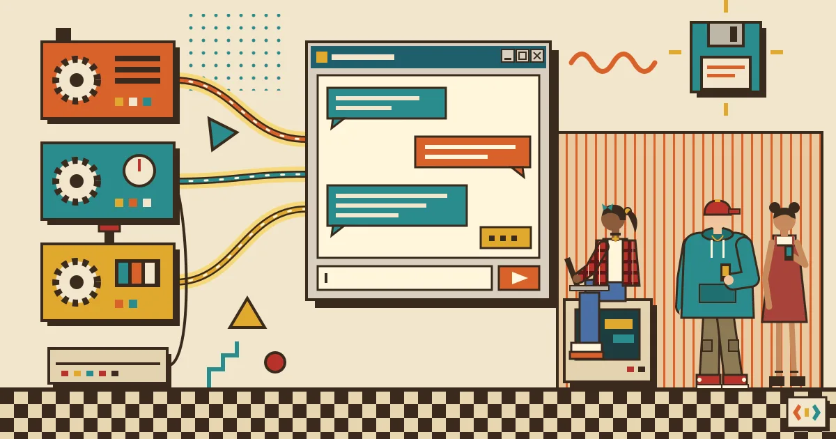 Three distinct machine engines in different colors connected by glowing cables to a single sleek chat window with speech bubbles, used by a small group of