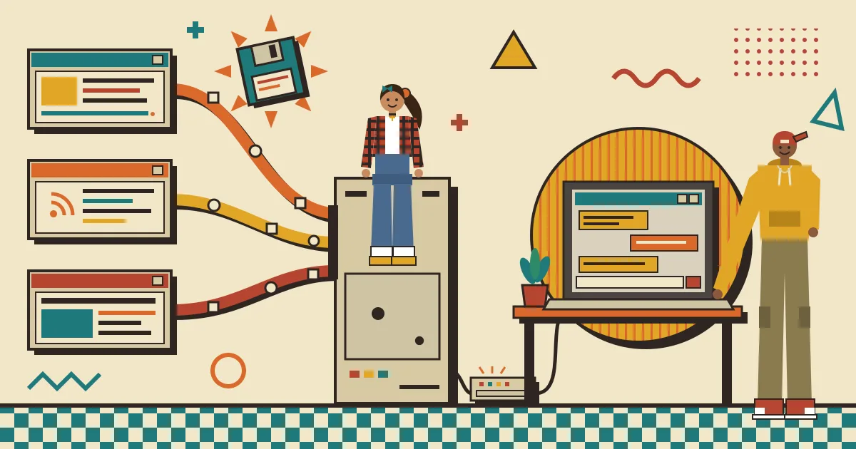A flat illustration of many colorful content streams flowing from different websites into a central automation engine, which then connects to a clean, friendly