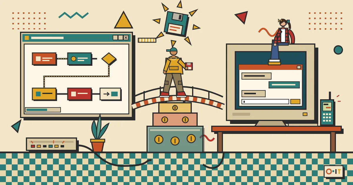A clean flat illustration of a glowing AI agent workflow diagram on one side connected by a smooth bridge to a polished chat window on a laptop and smartphone