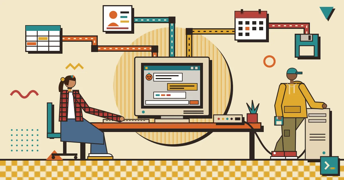 A recruiter at a desk chatting with a friendly AI assistant through a clean chat window, while behind the screen colorful automation pipelines connect icons of