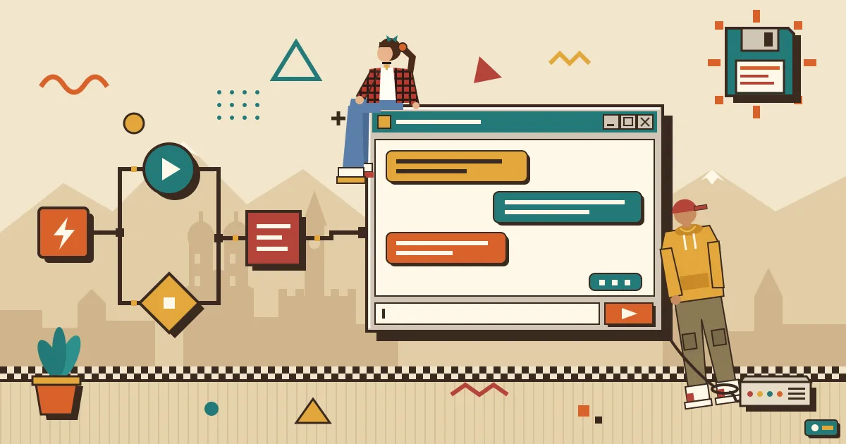 An illustration of an automation workflow made of connected nodes flowing into a clean, friendly chat window, with a Munich-style skyline and alpine silhouette