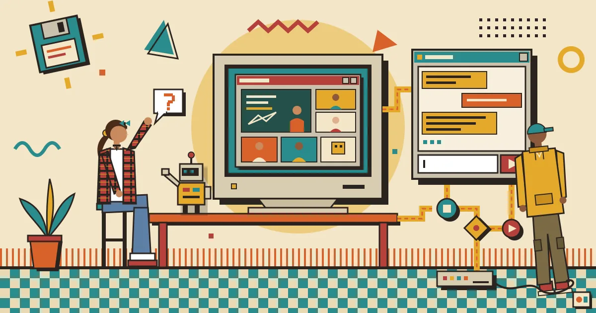 A flat illustration of an online classroom on a laptop screen, with a friendly chat window beside it connected by glowing lines to abstract automation nodes