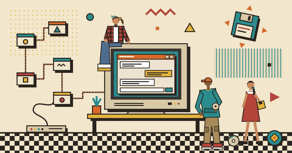 A flat illustration of a glowing automation workflow made of connected nodes flowing into a sleek, friendly chat window on a laptop screen, with diverse users