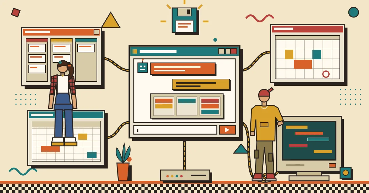 A flat illustration of a friendly chat window floating at the center, connected by glowing lines to several abstract project management boards, kanban columns